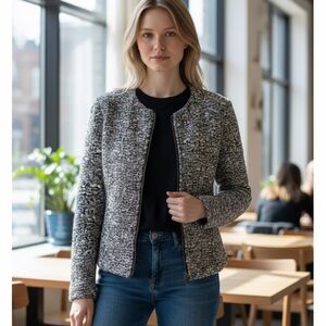 Banana Republic Tweed Wool Zip Up Jacket Leather Trim 2 XS